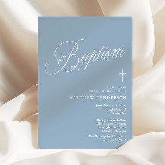 Modern Script Dusty Blue Boys Baptism Invitation