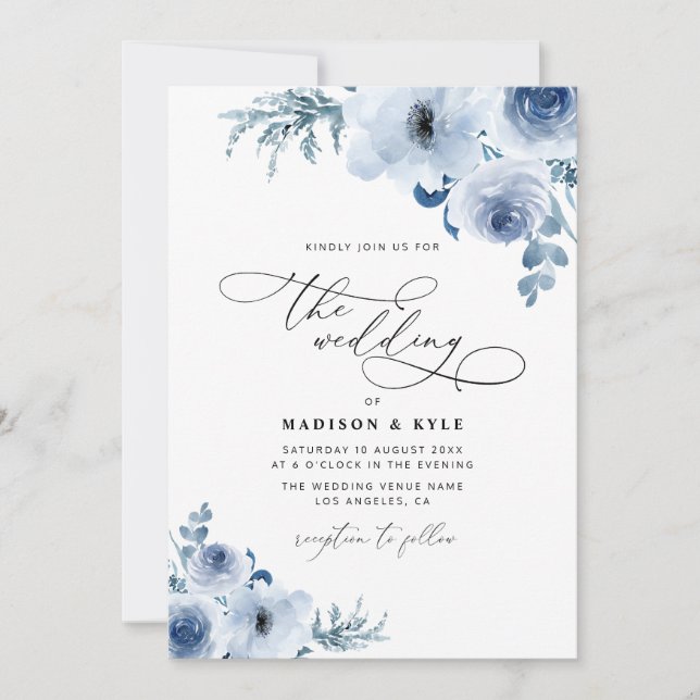 modern script dusty blue floral wedding invitation (Front)
