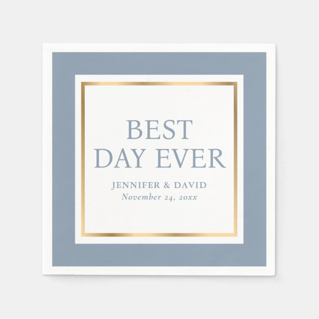 Modern Script Dusty Blue Gold Wedding Napkins (Front)