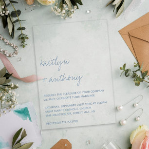 Modern Script Dusty Blue Minimalistic Wedding Acrylic Invitations