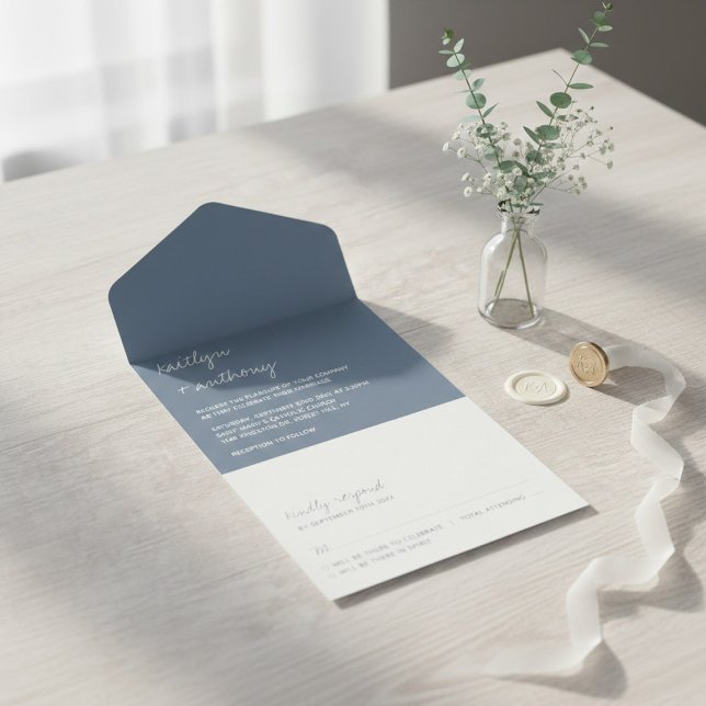 Modern Script Dusty Blue Minimalistic Wedding All In One Invitation (Creator Uploaded)