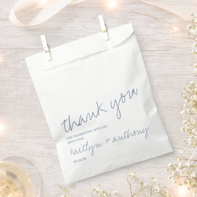 Modern Script Dusty Blue Minimalistic Wedding Favour Bags (Clipped)