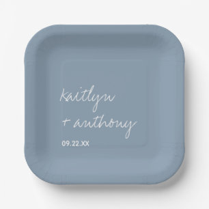 Modern Script Dusty Blue Minimalistic Wedding Paper Plate