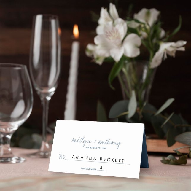 Modern Script Dusty Blue Minimalistic Wedding Place Card (Creator Uploaded)