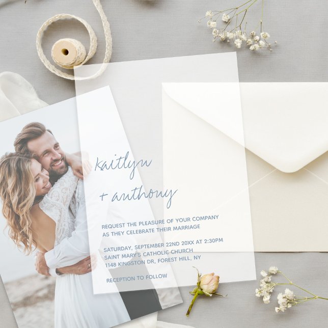 Modern Script Dusty Blue Minimalistic Wedding Vellum Invitations (Creator Uploaded)