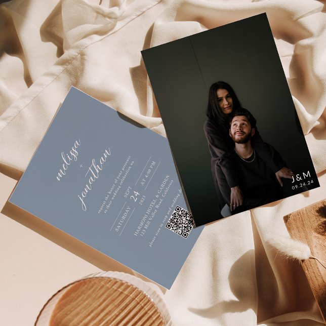 Modern Script Dusty Blue Monogram QR code Wedding Invitation (Creator Uploaded)