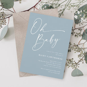 Modern Script Dusty Blue Oh Baby Shower Invitation