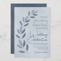 Modern Script Dusty Blue & Pewter Leaves Wedding