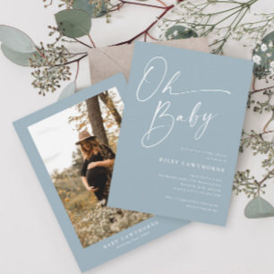 Modern Script Dusty Blue Photo  Baby Shower Invitation