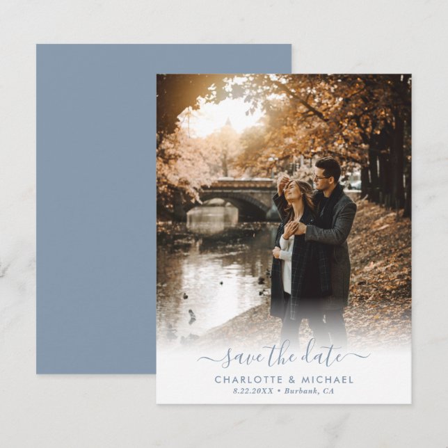 Modern Script Dusty Blue Wedding Photo Announcement (Front/Back)