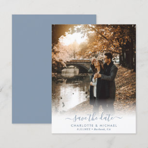 Modern Script Dusty Blue Wedding Photo Announcement