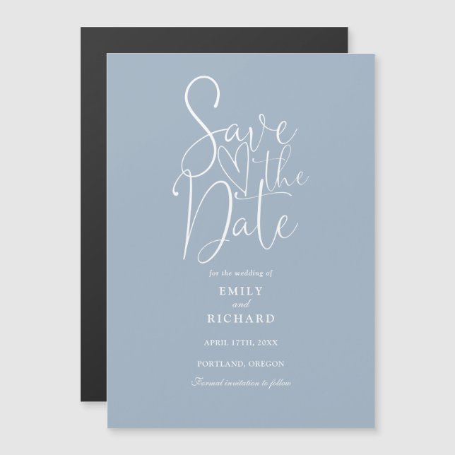 Modern Script Dusty Blue Wedding Save The Date Magnetic Invitation (Front/Back)