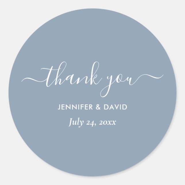 Modern Script Dusty Blue Wedding Thank You Classic Round Sticker (Front)
