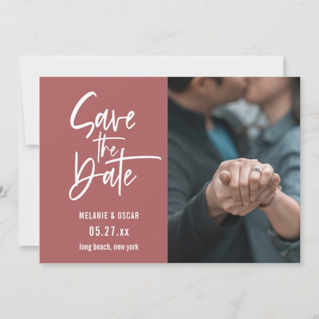 Modern Script Dusty Cedar Photo Save The Date Announcement (Front)