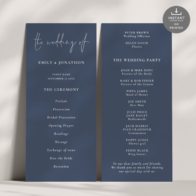 Modern Script Dusty Navy Blue Wedding Program Invitation (Front and Back view)