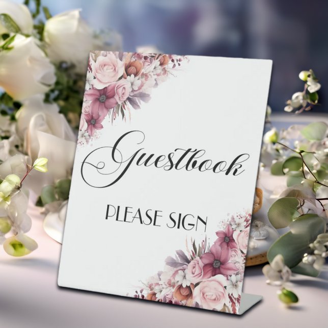 Modern Script Dusty Pink Boho Floral Guestbook Pedestal Sign (Creator Uploaded)