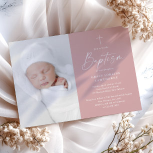 Modern Script Dusty Pink Girls Photo Baptism Invitation