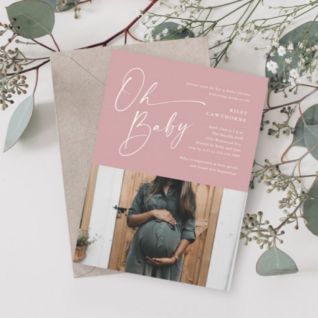 Modern Script Dusty Pink Photo Girl Baby Shower Invitation (Creator Uploaded)