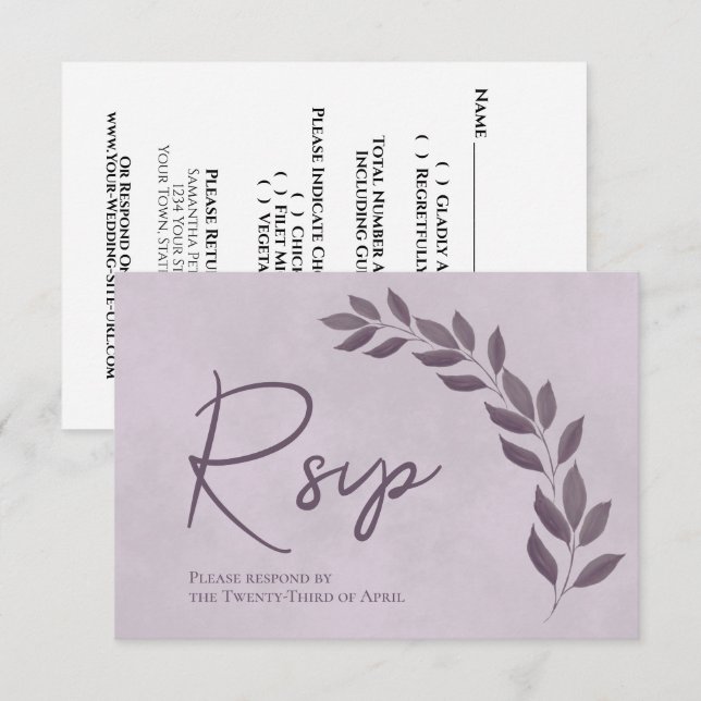 Modern Script Dusty Purple & Plum Leaves Wedding RSVP Card (Front/Back)