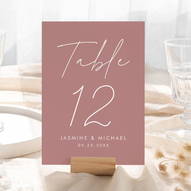 Modern Script Dusty Rose Wedding Table Number Card (Creator Uploaded)