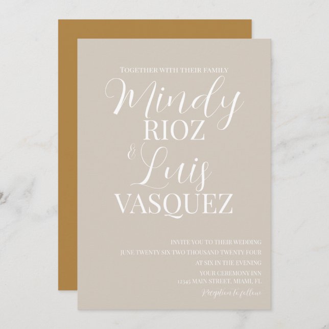 Modern Script Earthy Beige Tan Wedding Invitation (Front/Back)