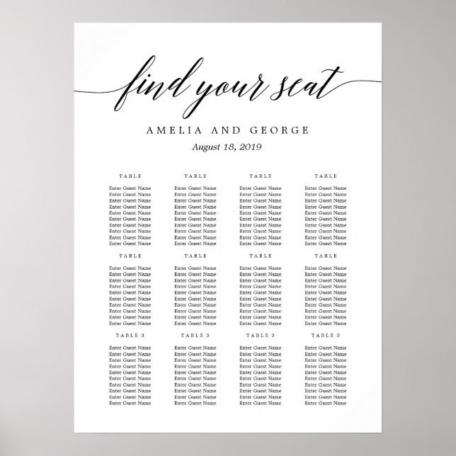 Modern Script EDITABLE COLOR Seating Chart Poster (Front)