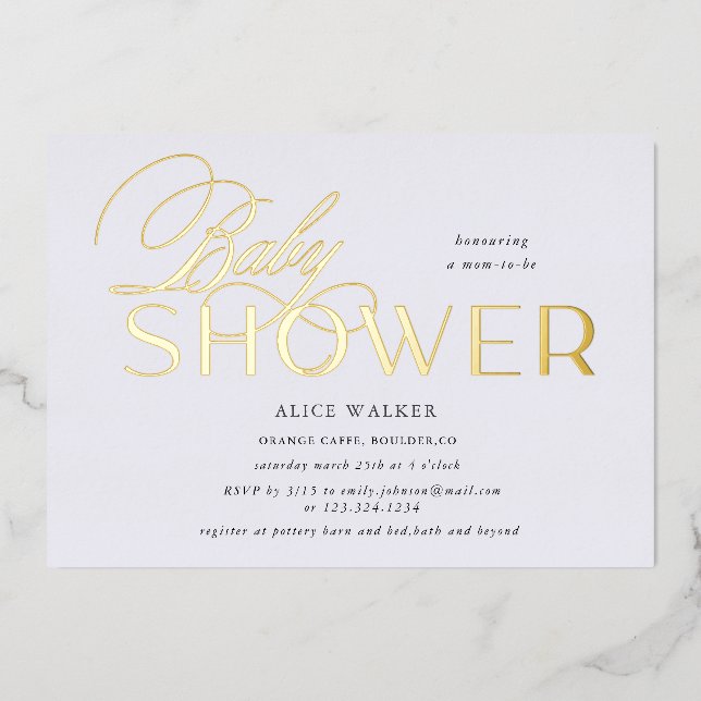 modern script elegant baby shower foil invitation (Front)