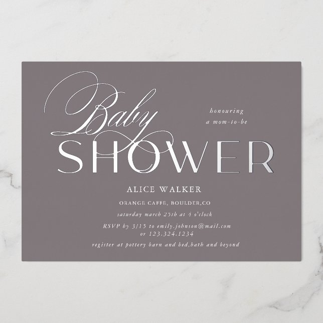 modern script elegant baby shower foil invitation (Front)