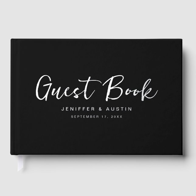 Modern Script Elegant Black Wedding Guest Book (Front)
