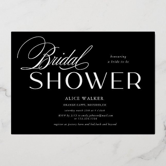 modern script elegant bridal shower foil invitatio (Front)