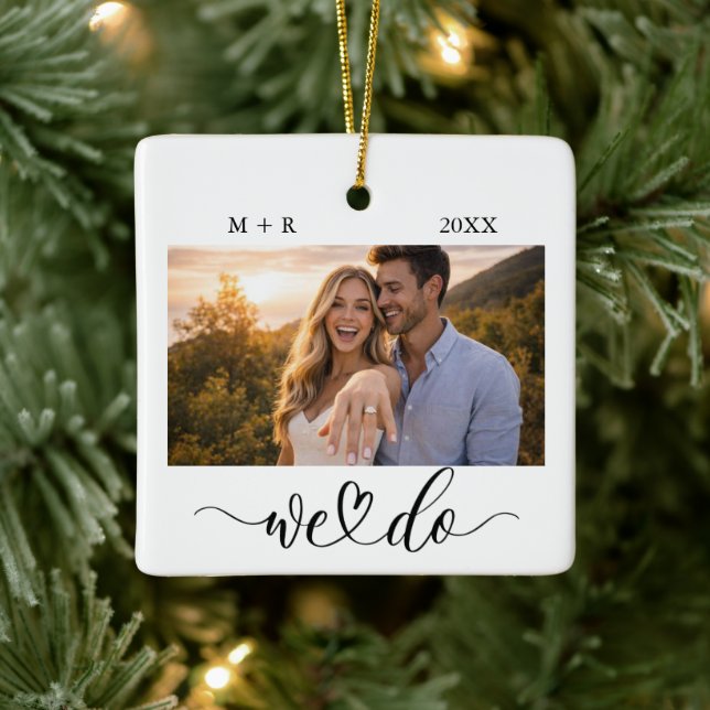 Modern Script Elegant Engagement Photo Keepsake Ce Ceramic Ornament (Tree)