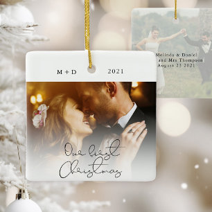 Modern Script Elegant Engagement Photo Keepsake Ce Ceramic Ornament
