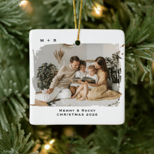 Modern Script Elegant Engagement Photo Keepsake Ceramic Ornament
