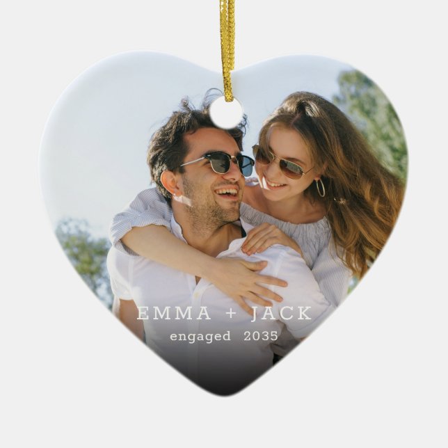 Modern Script Elegant Engagement Photo Keepsake Ceramic Tree Decoration (Front)