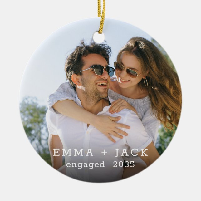 Modern Script Elegant Engagement Photo Keepsake Ceramic Tree Decoration (Front)