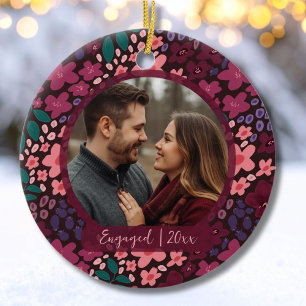 Modern Script Elegant Engagement Photo Keepsake  Ceramic Tree Decoration