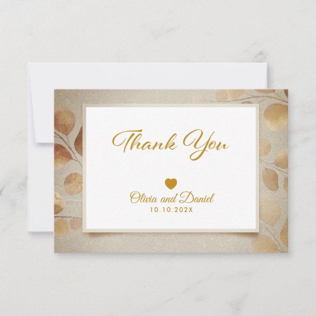 Modern Script Elegant Gold Leaf Wedding Thank You Card (Front)