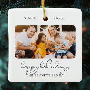 Modern Script Elegant Happy Holidays Photo Ceramic Ornament
