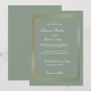 Modern Script Elegant Sage Green & Gold Wedding Invitation