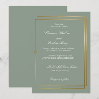 Modern Script Elegant Sage Green & Gold Wedding Invitation