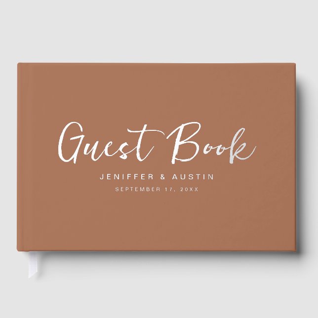 Modern Script Elegant Terracotta Wedding Guest Book (Front)