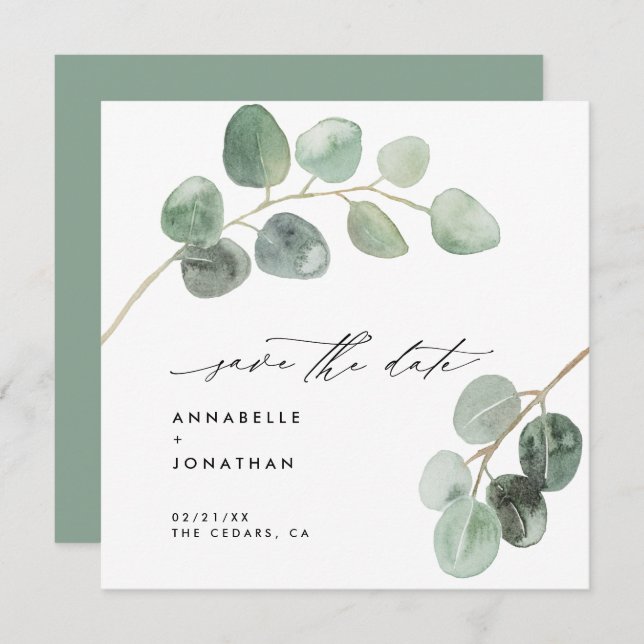 Modern script elegant vintage non photo eucalyptus invitation (Front/Back)