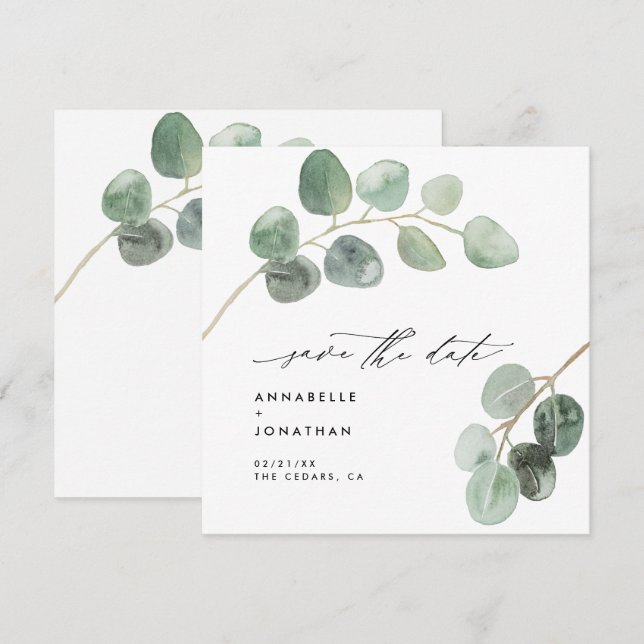 Modern script elegant vintage non photo eucalyptus invitation (Front/Back)