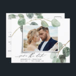 Modern script elegant vintage photo wedding announcement postcard<br><div class="desc">Modern script and watercolor eucalyptus elegant vintage photo wedding save the date postcard. Modern minimal stylish design. All colours can be customised.</div>