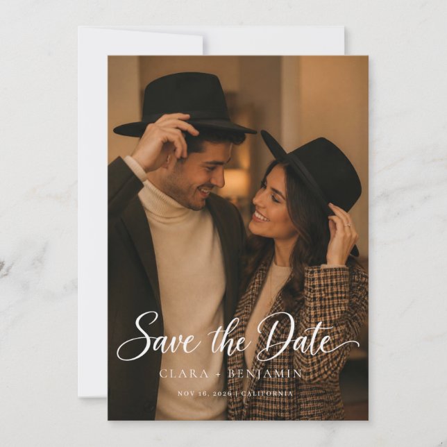 Modern Script Elegant Wedding Photo Save The Date (Front)