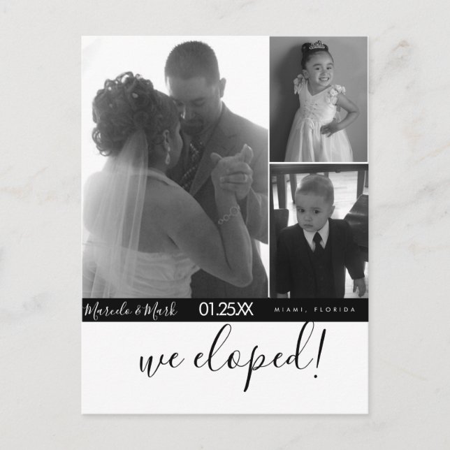 Modern Script Eloped Black White Photo Collage  Postcard (Front)