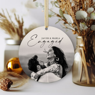Modern Script Engaged 2 Photo Wedding Engagement Ceramic Tree Decoration