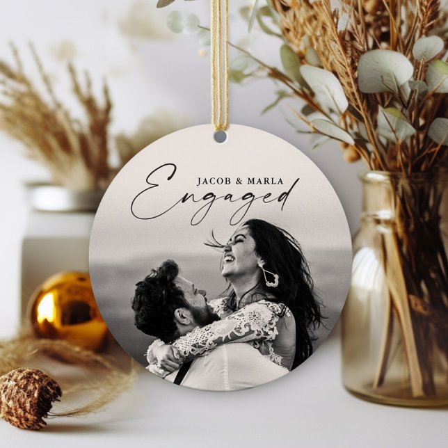 Modern Script Engaged 2 Photo Wedding Engagement Ceramic Tree Decoration (Elegant script engaged 2 photo wedding engagement christmas holiday ornament.)