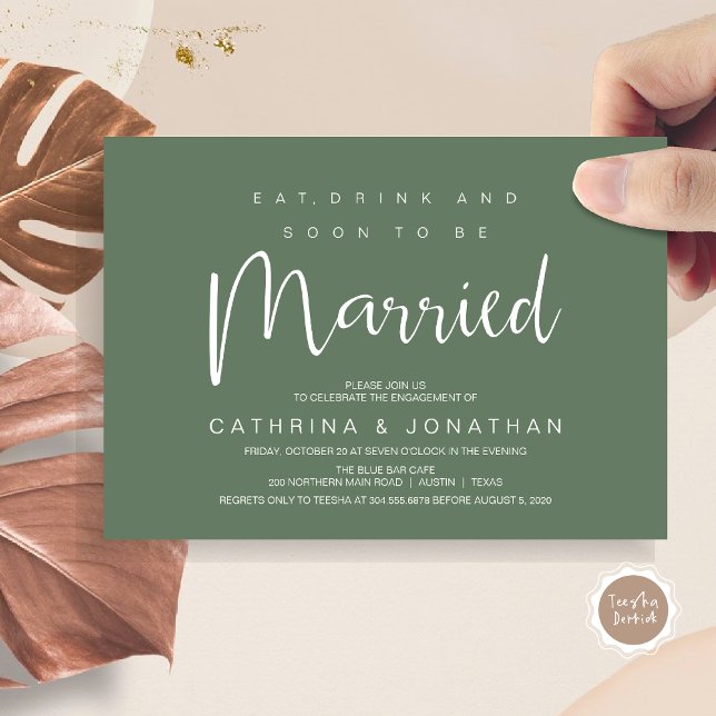 Modern Script, Engagement Dinner Party Celebration Invitation (Modern Script, Engagement Dinner Party Invitation Card, Eat, Drink, Soon To Be Married, Sage Green)