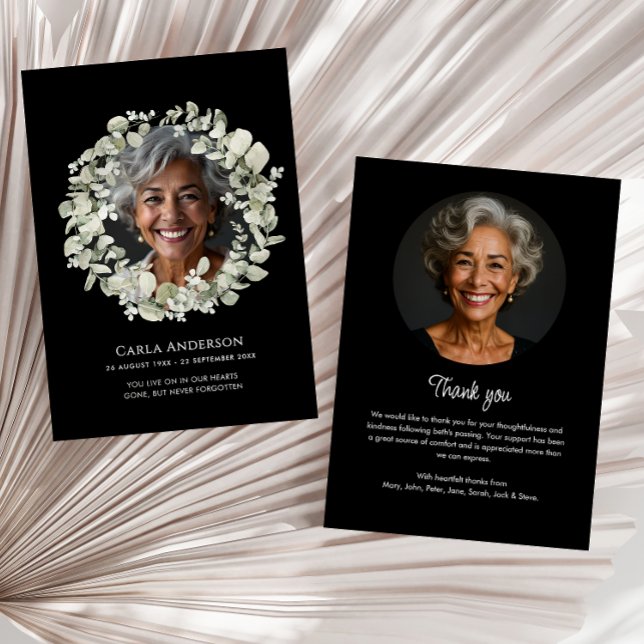 Modern Script Eucalyptus 2-Photo Funeral/Memorial Thank You Card (Creator Uploaded)